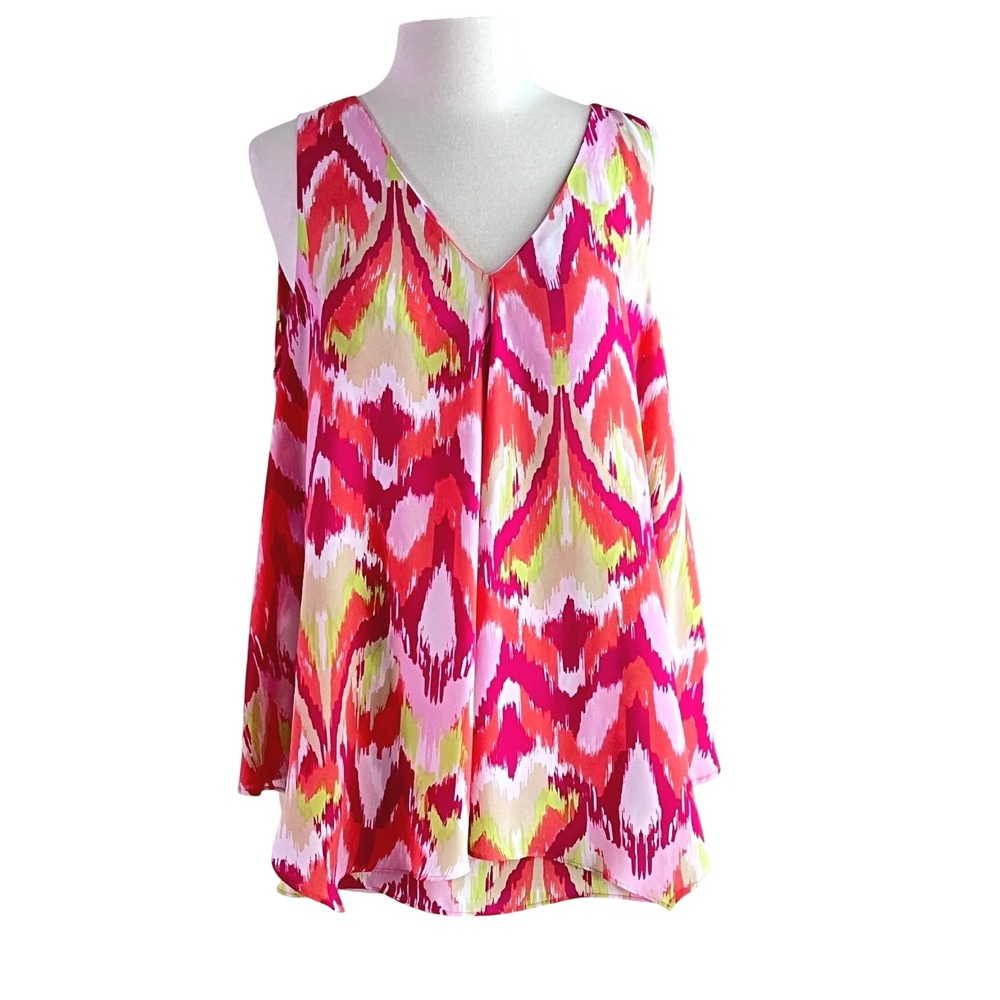 New Directions Tank Top XL Womens V-Neck Ikat Layered Pink Red Boho Summer